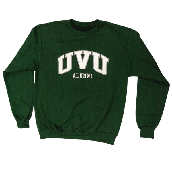 Green crewneck sweatshirt with "UVU" applique and embroidered "Alumni" on the front